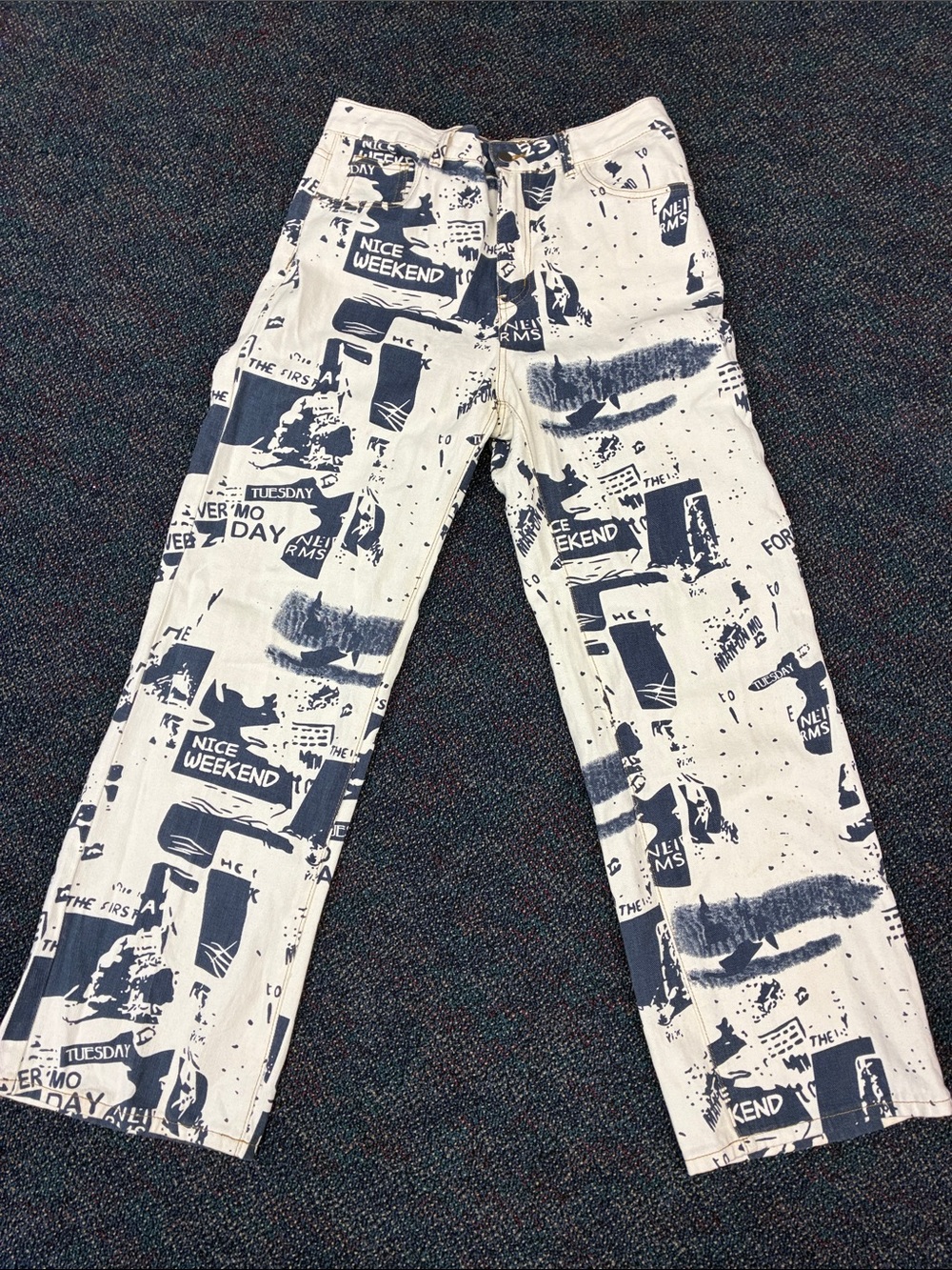 SHEIN White Jeans with Navy Graphic Print - Relaxed Fit
